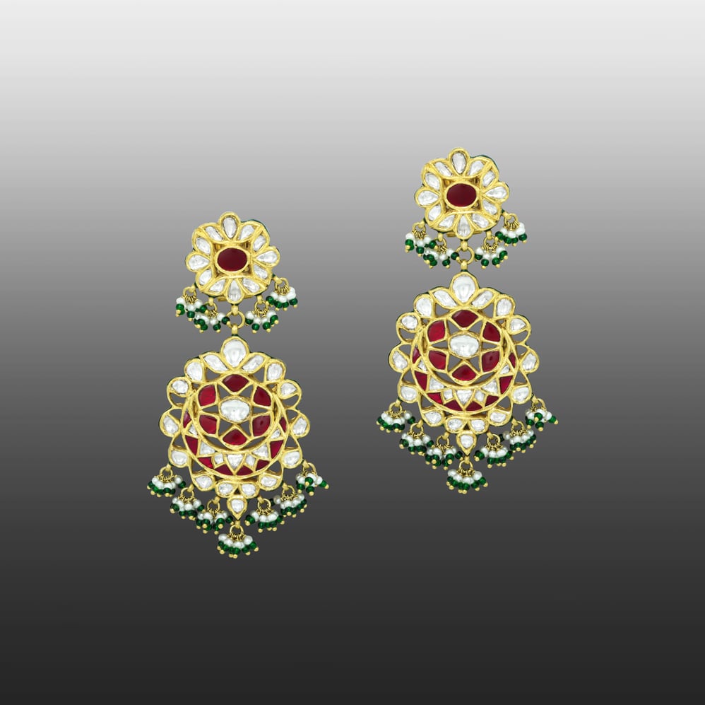 Crescent Polki Necklace Set with Red Talaf, Emeralds, and Pearls